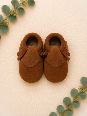 Baby Tan Leather Fringe Moccasin Shoes